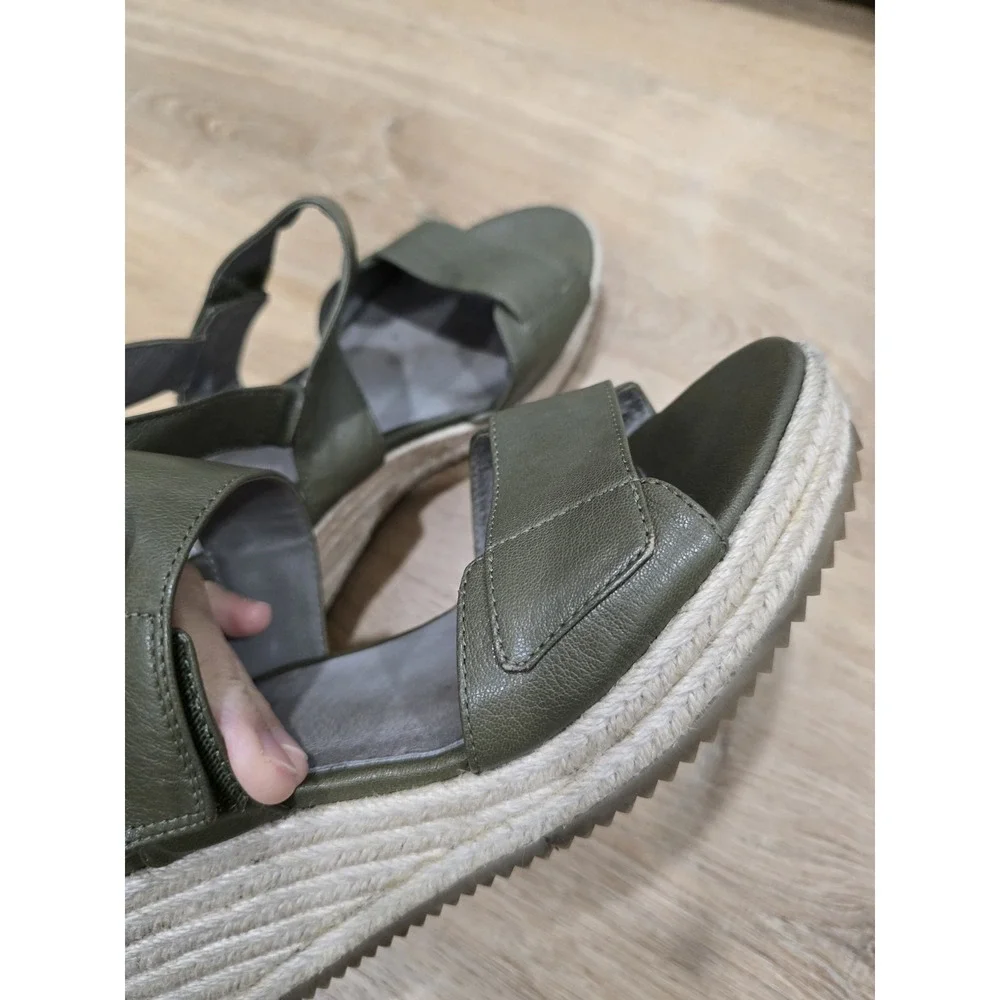EILEEN FISHER Women's Size 8‎ Olive Green Leather Espadrille Wedge Sandals